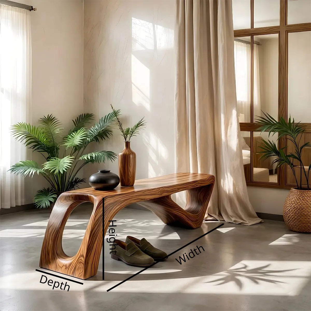 Sculptural Solid Wood Entryway Bench for Organic Modern and Contemporary Interiors