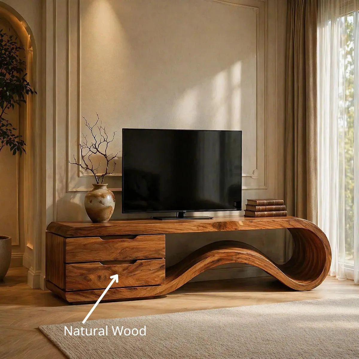 Solid Wood TV Console with Sculptural Wave Shelf and 2 Drawers