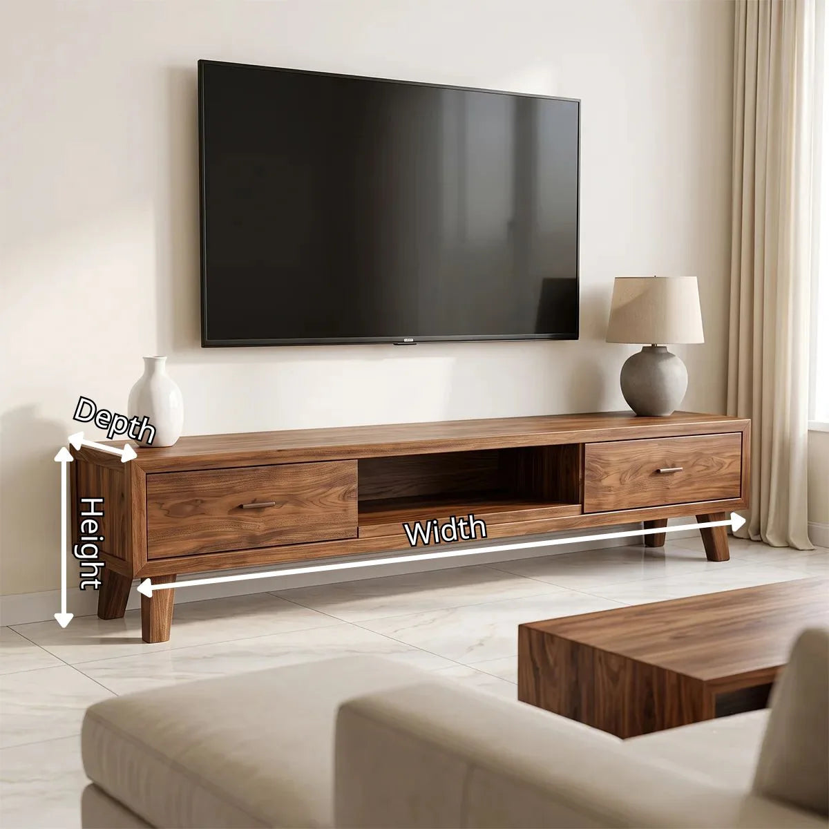 Modern TV Stand with 2 Drawers & Open Shelf | Low Profile Media Console TH003-6TLG4RN