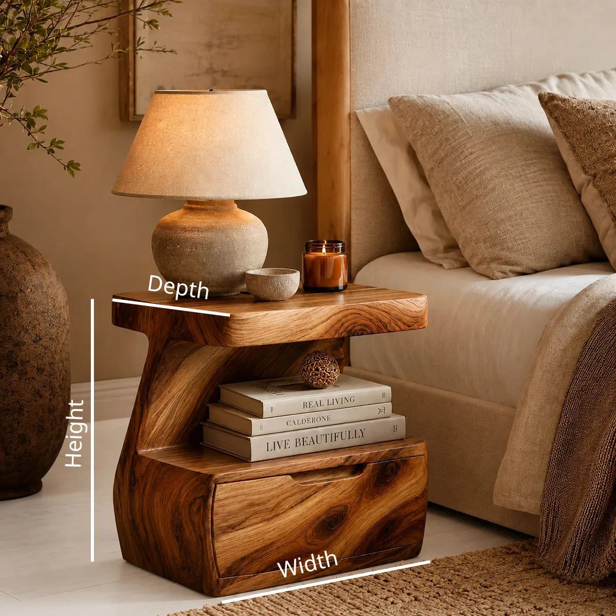 Handcrafted Solid Wood Nightstand Organic Bedside Table with Storage Drawer