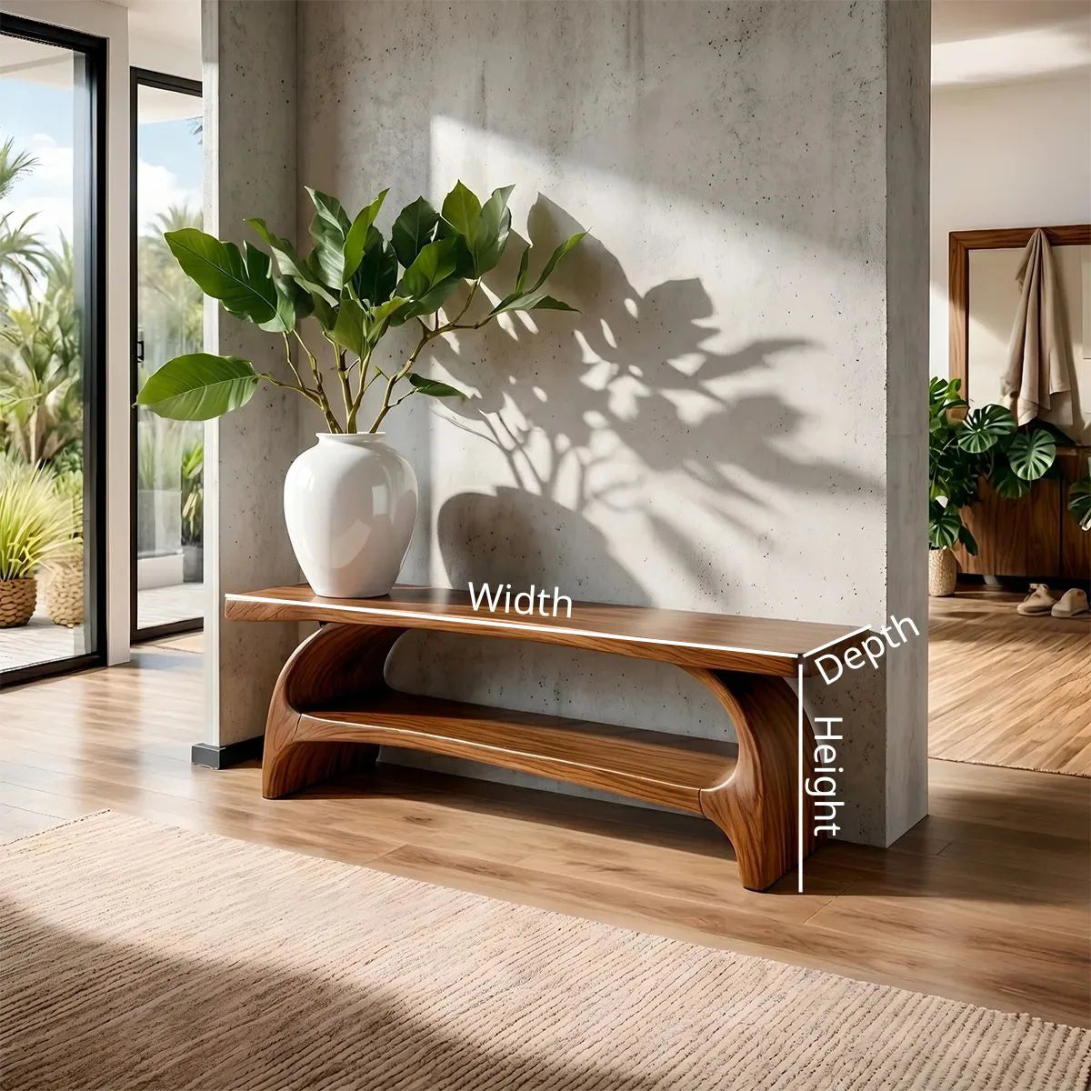 Handcrafted Solid Wood Entryway Bench with Sculptural Shelf for Modern Organic Interiors