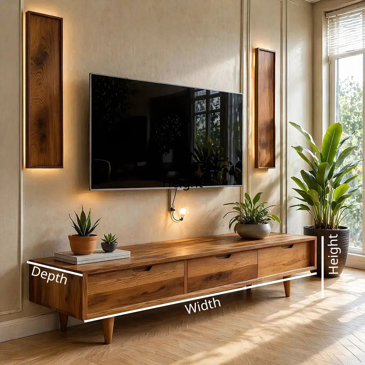 Solid Wood TV Stand with 3 Drawers and Low Mid-Century Profile