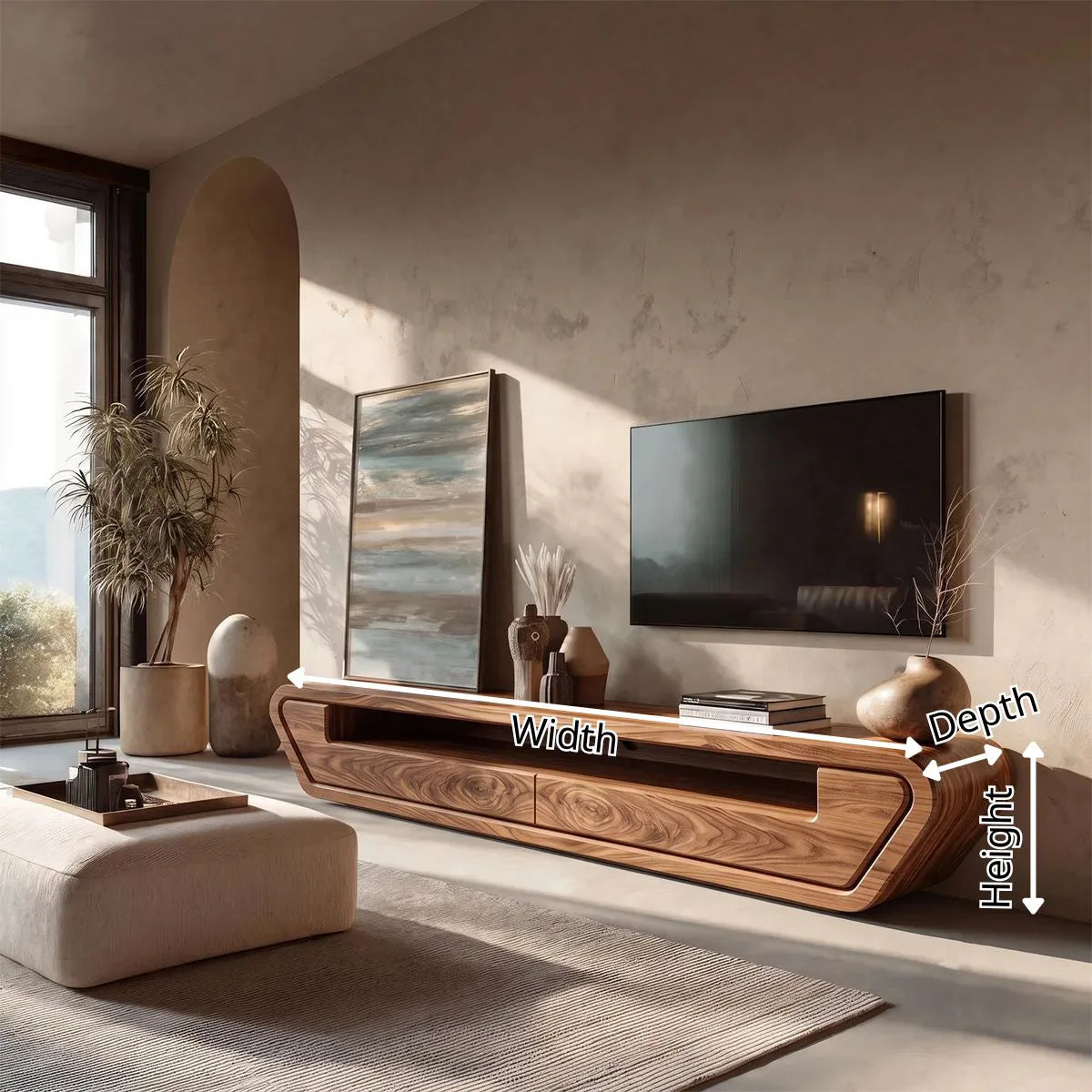Modern Curved TV Stand with 2 Drawers & Open Media Shelf | Low Profile Entertainment Console TH003-4LAL5FE