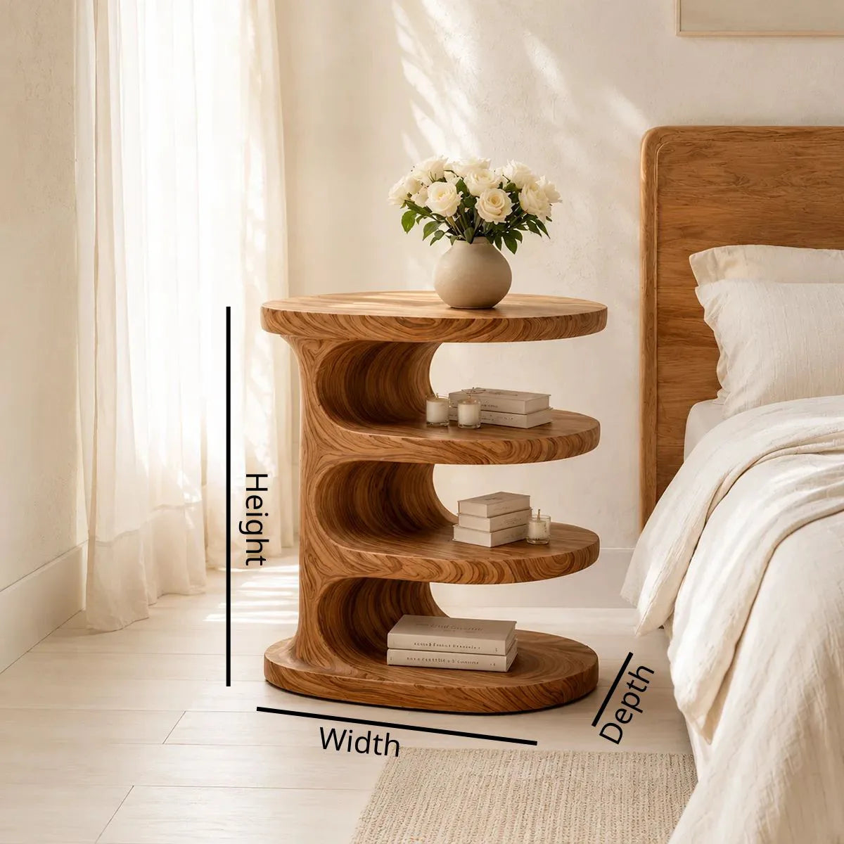 Handcrafted Solid Wood Round Nightstand Organic Open Shelf Bedside Table