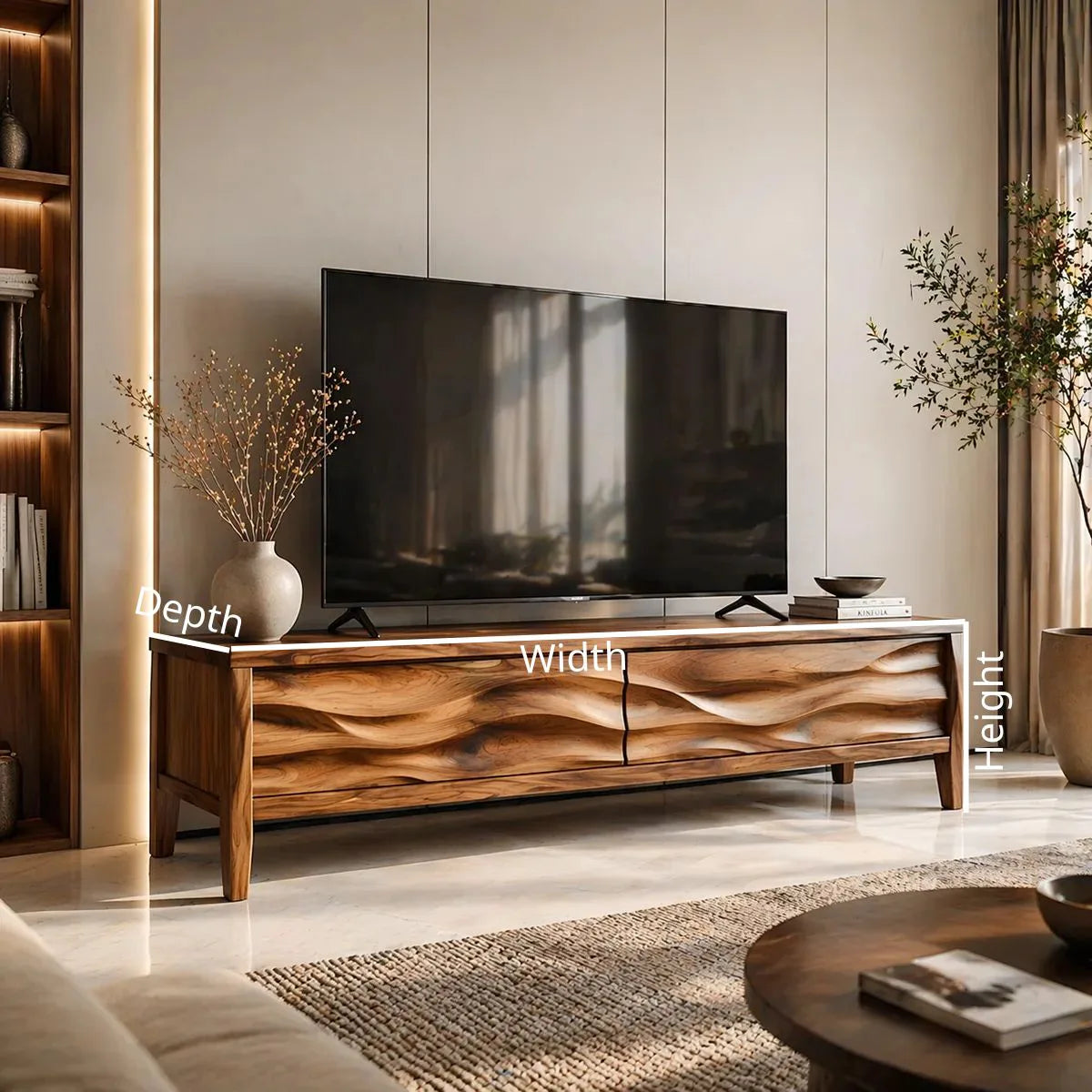 Modern Solid Wood 3D Wavy Carved TV Stand