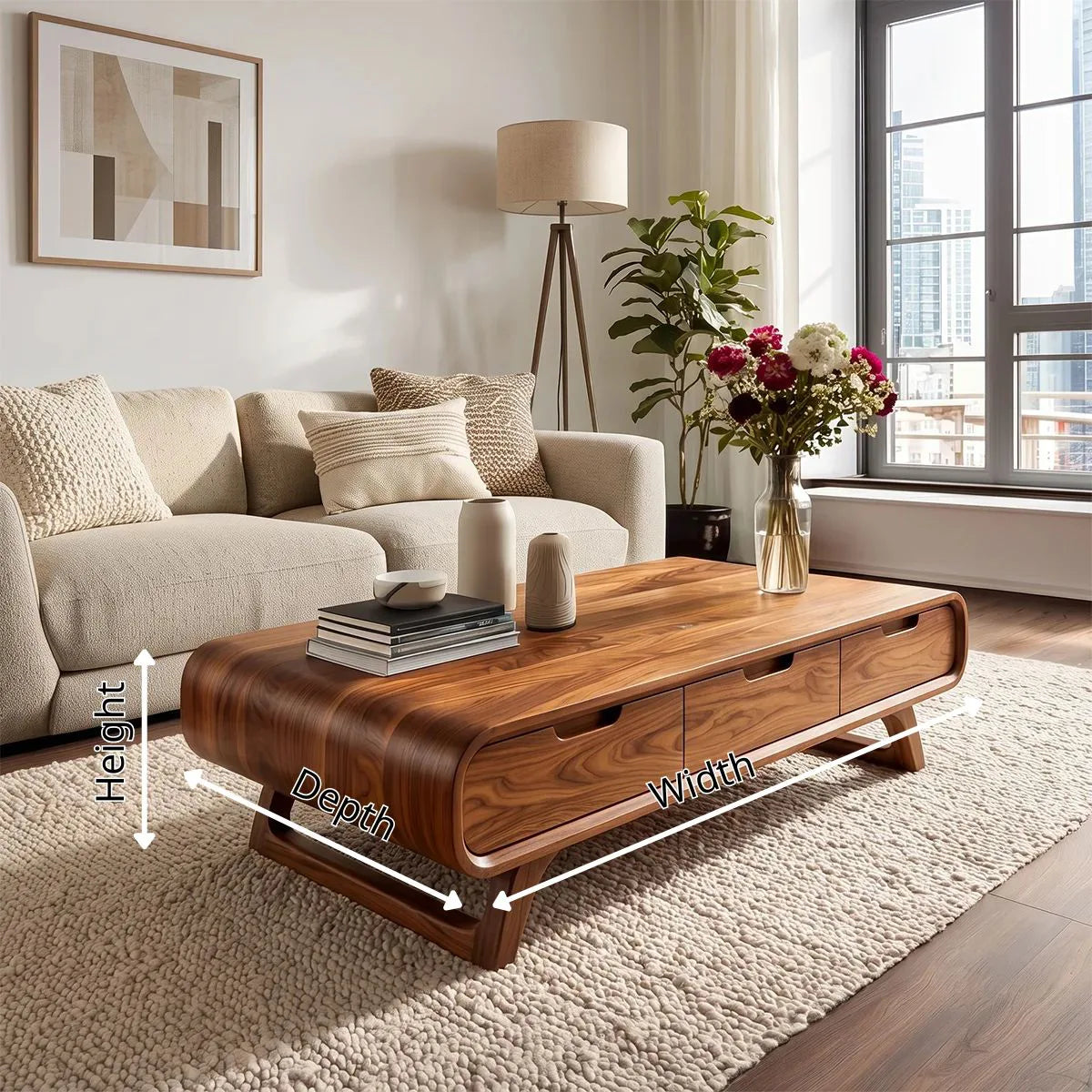 Modern Rounded Coffee Table with 3 Drawers | Mid Century Living Room Storage Table TH003-6LLU2ZO