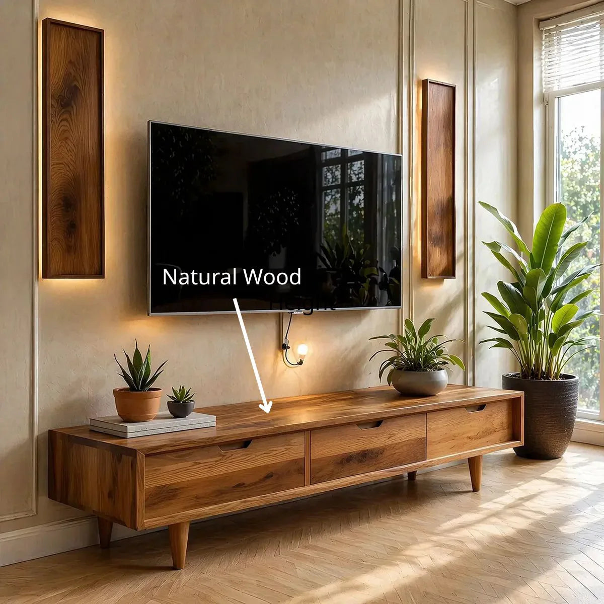 Solid Wood TV Stand with 3 Drawers and Low Mid-Century Profile