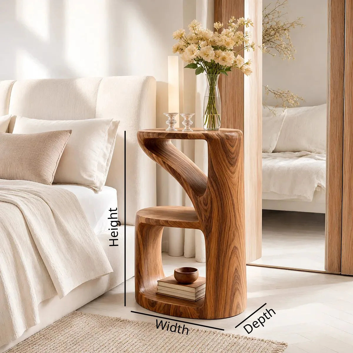 Handcrafted Solid Wood Side Table Sculptural Open Shelf Accent Table