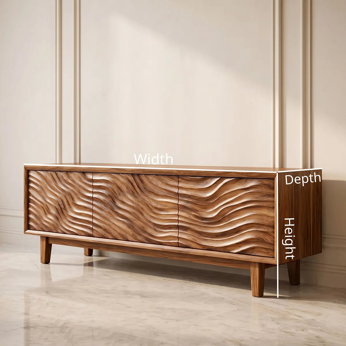 Modern Solid Wood Three Door Wavy Carved TV Stand