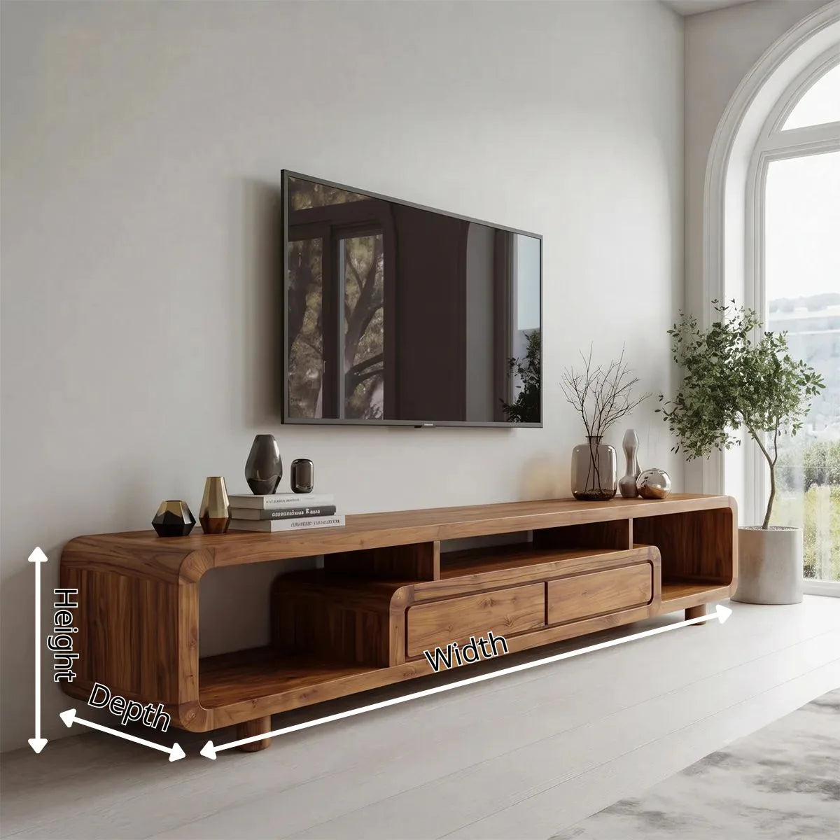 Modern Curved TV Stand with Open Shelves & 2 Drawers | Low Profile Entertainment Console TH003-5MRZ4FZ