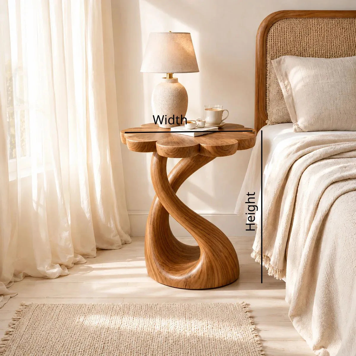 Flower-Shaped Wooden Nightstand With Sculptural Twisted Base