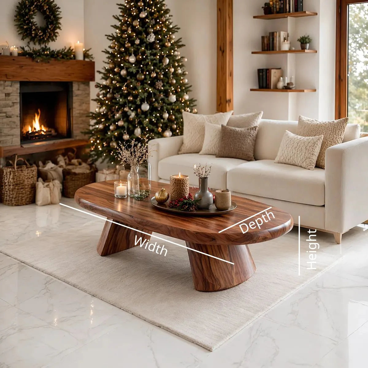 Modern Solid Wood Oval Coffee Table with Sculptural Pedestal Legs