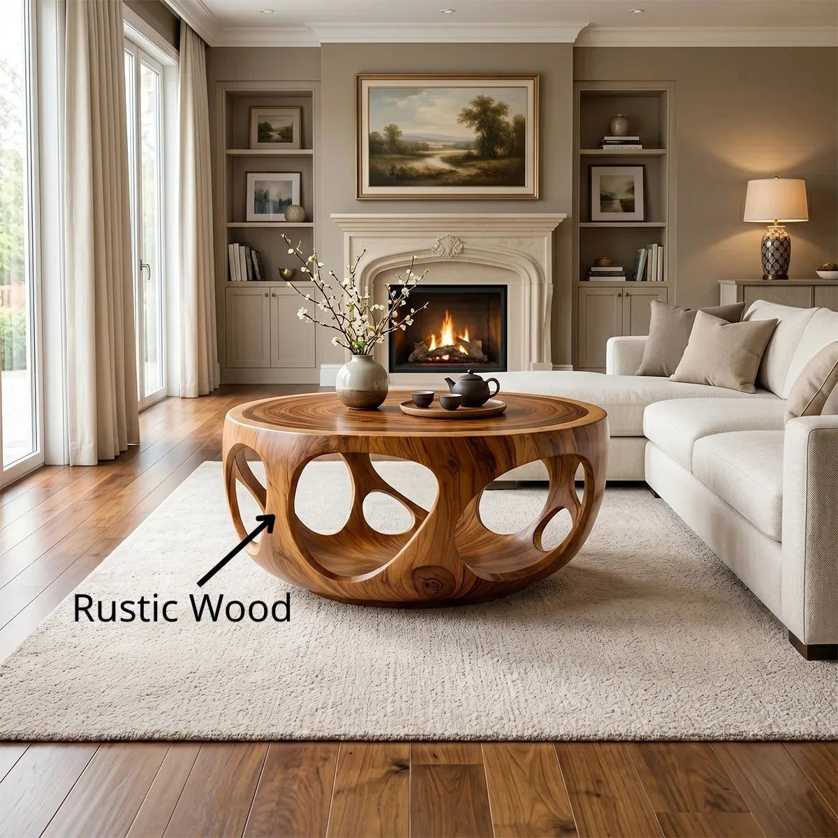 Round Solid Wood Coffee Table – Artistic Openwork Design TH003-2510