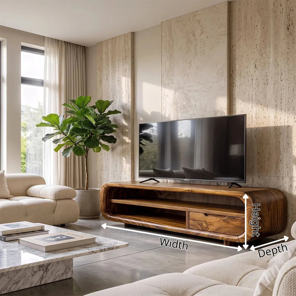 Modern Curved TV Stand with Open Shelves and Drawer | Low Profile Entertainment Console TH003-7VIY6HF