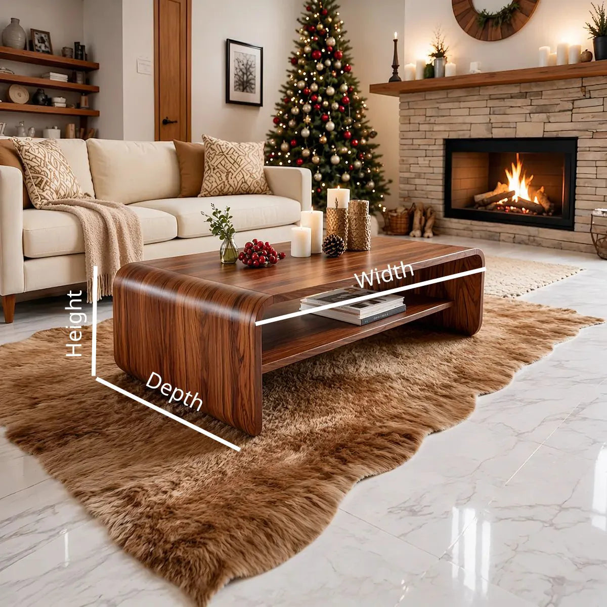 Modern Solid Wood Waterfall Coffee Table with Storage Shelf