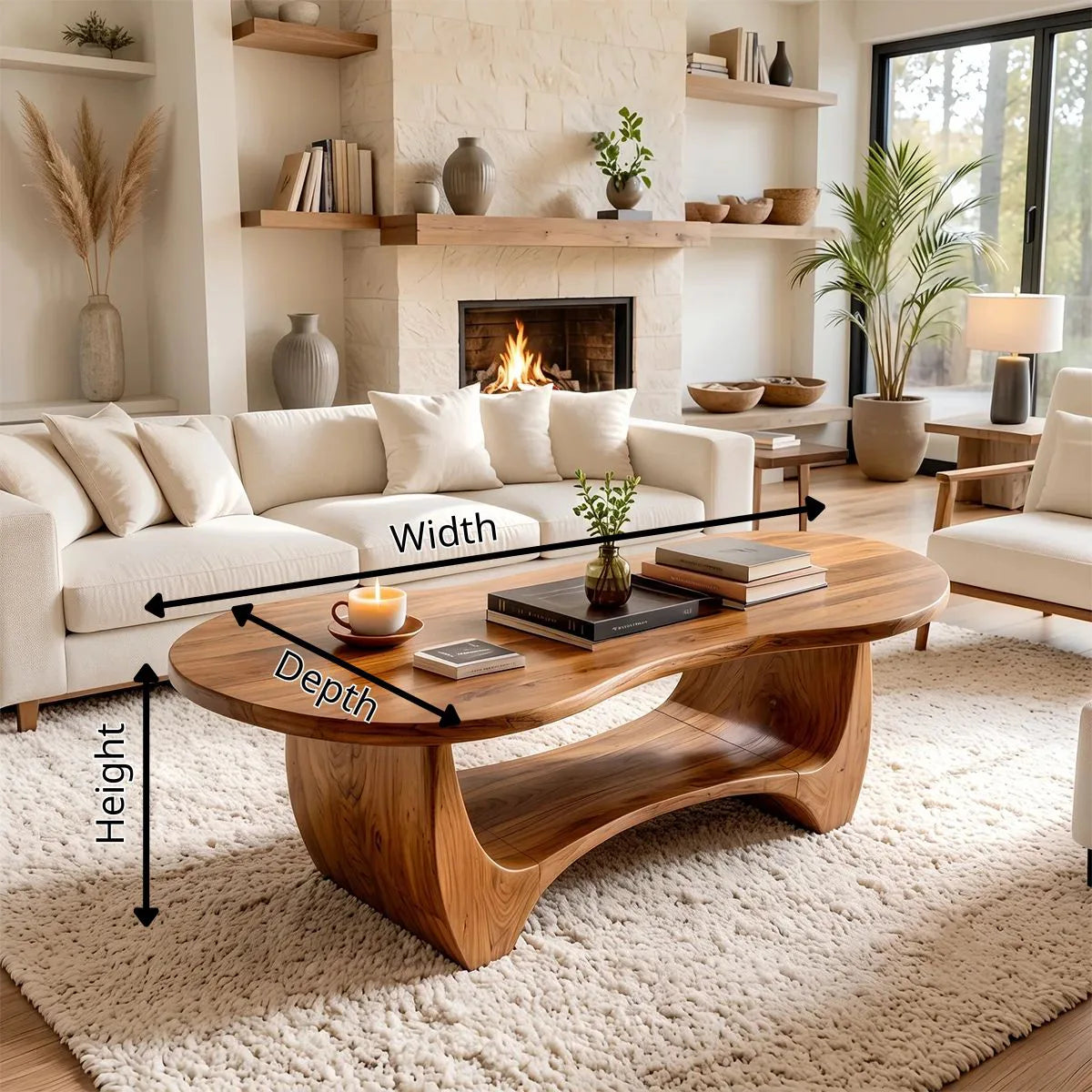 Sculptural Rounded Coffee Table with Open Shelf | Organic Modern Center Table TH003-1FNF7SN