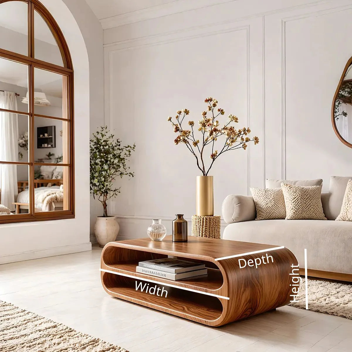 Modern Solid Wood Rounded Coffee Table with Double Open Storage