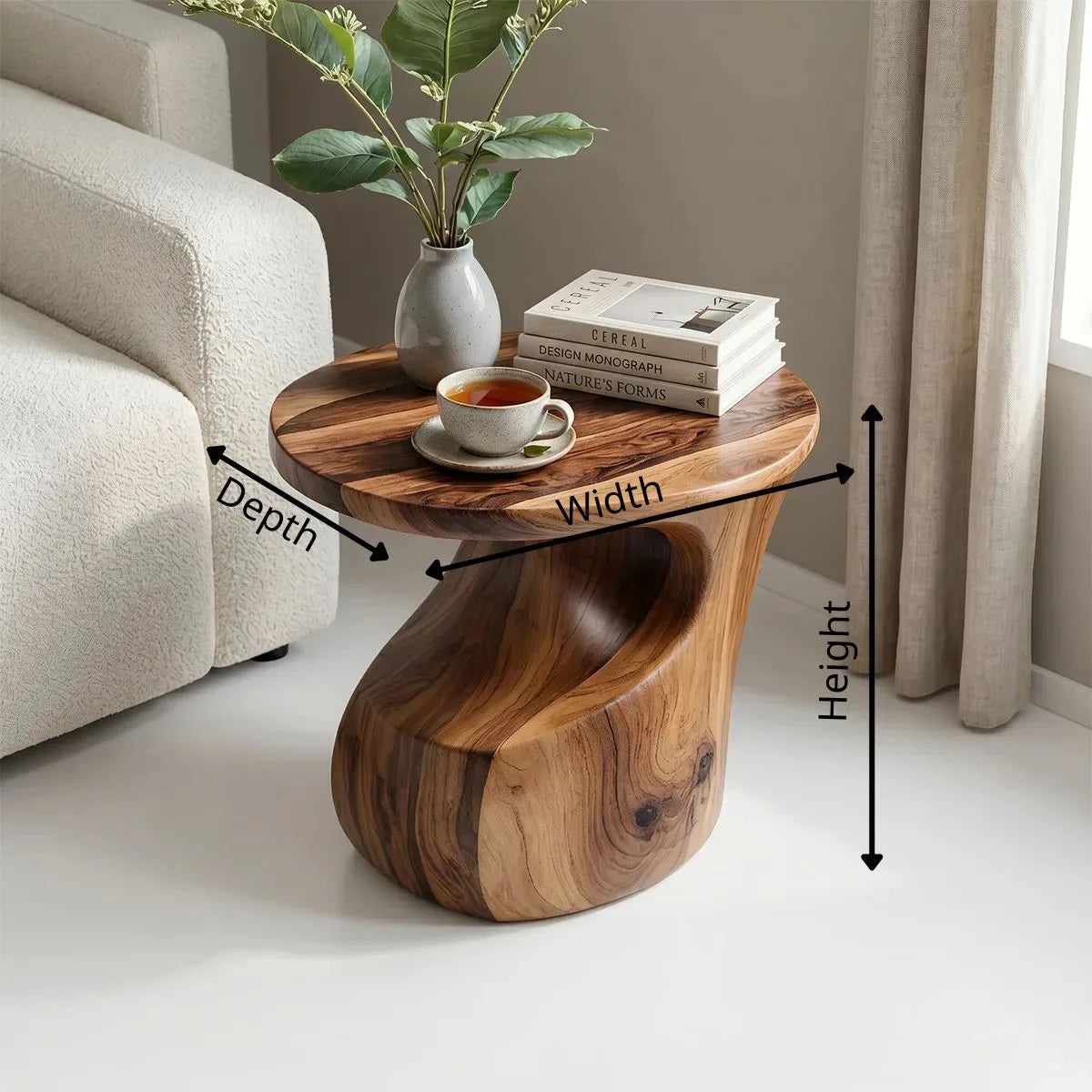 Sculptural Solid Wood Side Table, Round End Table with Curved Pedestal Base TH003-3965