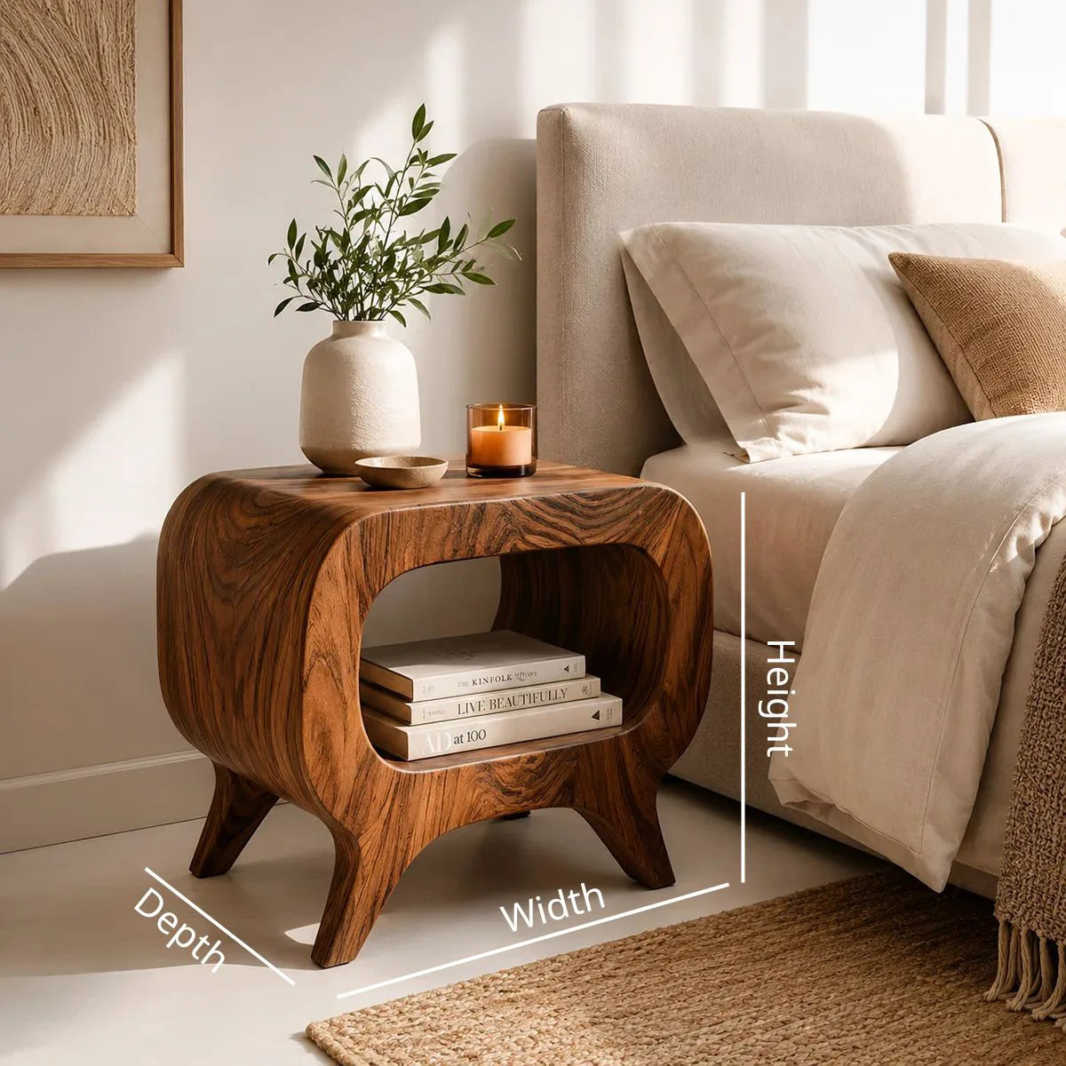 Solid Wood Nightstand with Open Shelf Storage