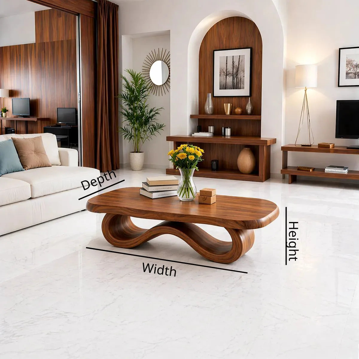 Modern Solid Wood Sculptural Coffee Table with Ribbon Base