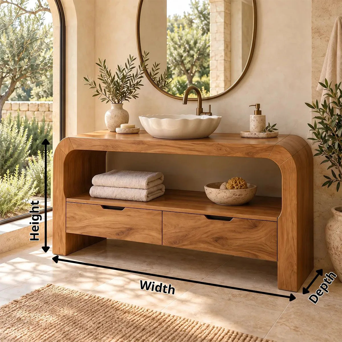 Curved Waterfall Bathroom Vanity | 2-Drawer Vanity with Large Open Storage Shelf TH003-4TMA9VP