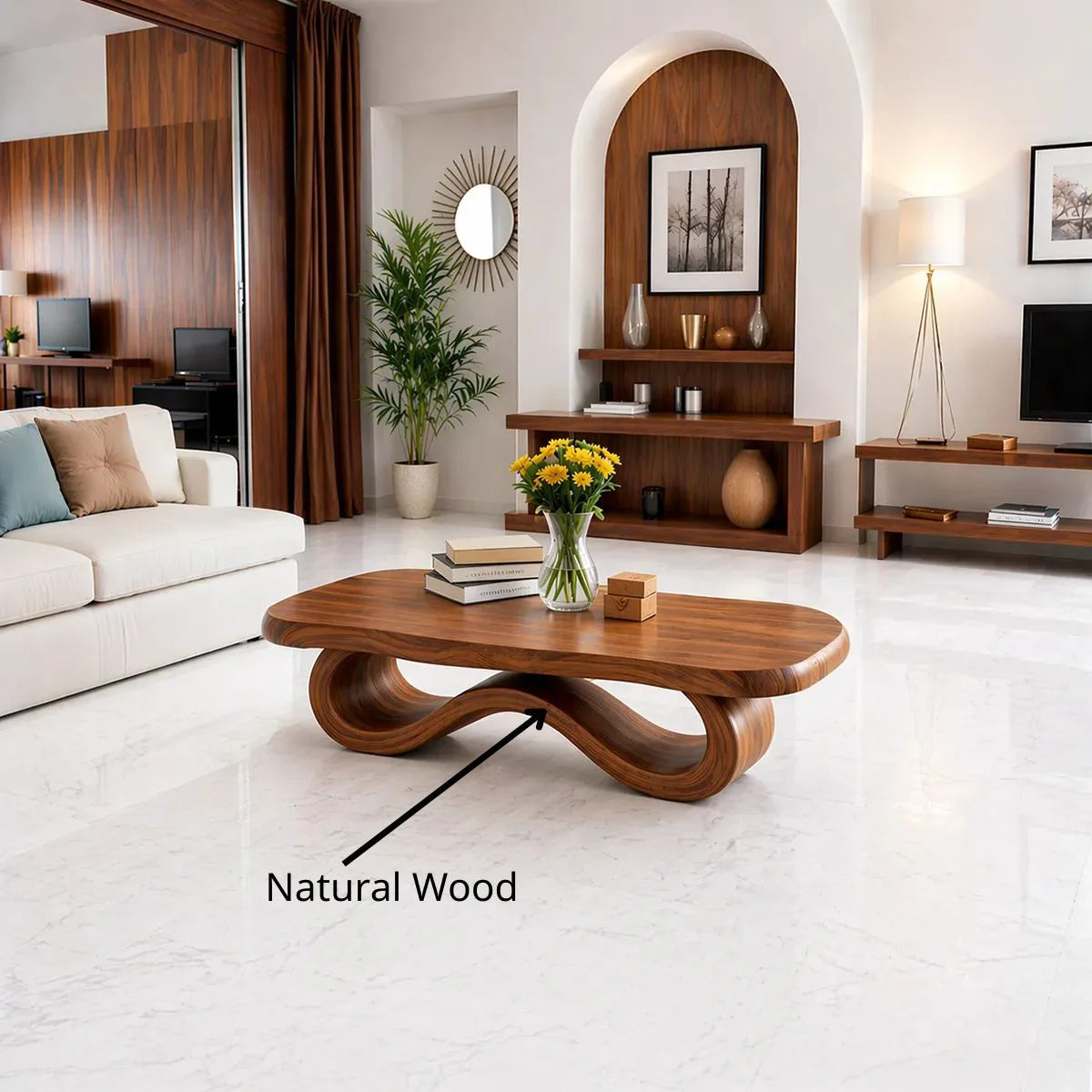 Modern Solid Wood Sculptural Coffee Table with Ribbon Base