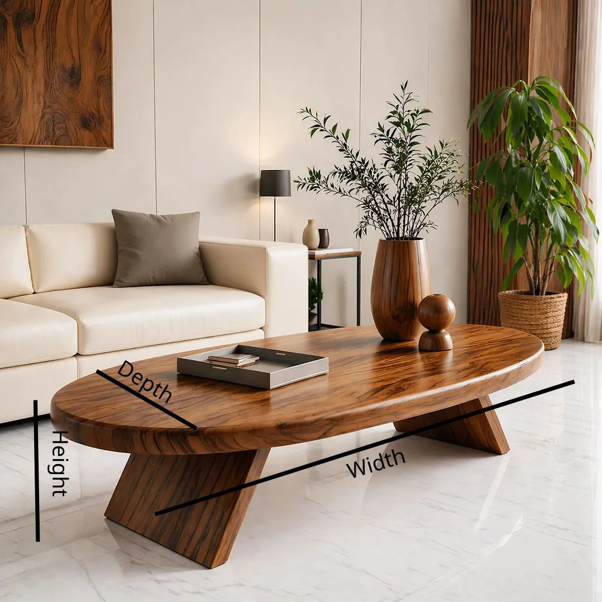 Modern Solid Wood Oval Coffee Table with Slanted Pedestal Legs