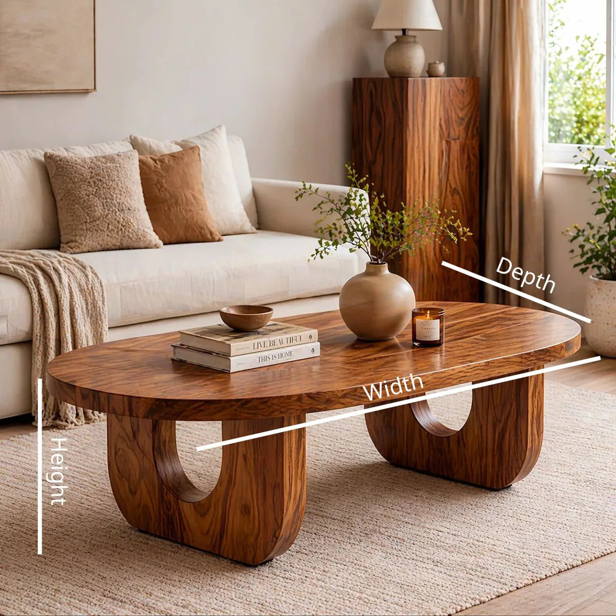 Modern Solid Wood Oval Coffee Table with Sculptural Cutout Legs