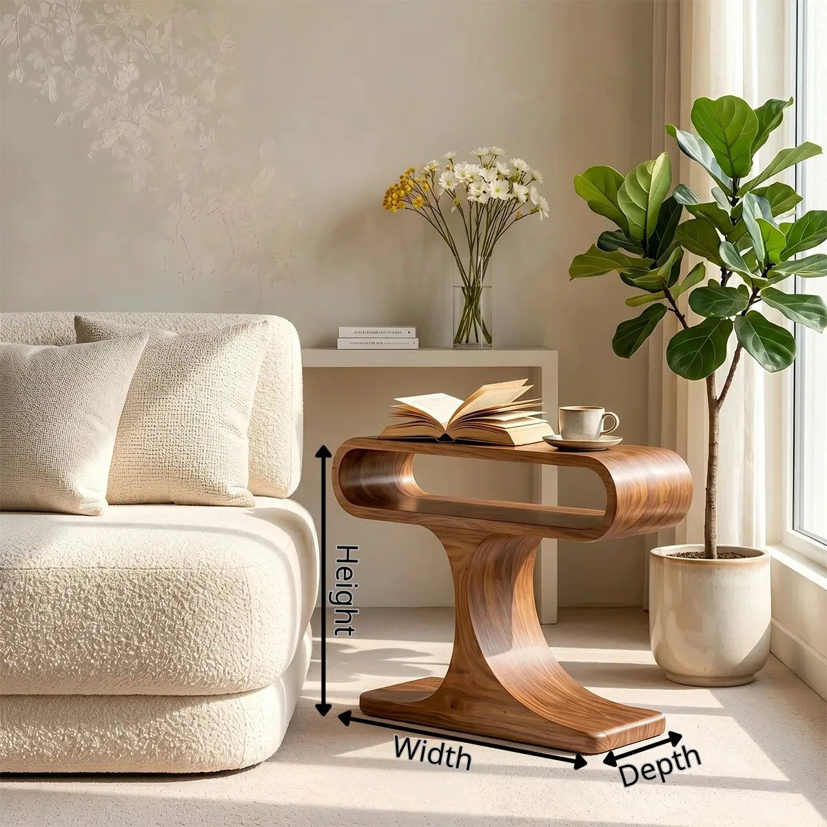 Curved Solid Wood Side Table with Shelf | Sculptural End Table TH003-6409