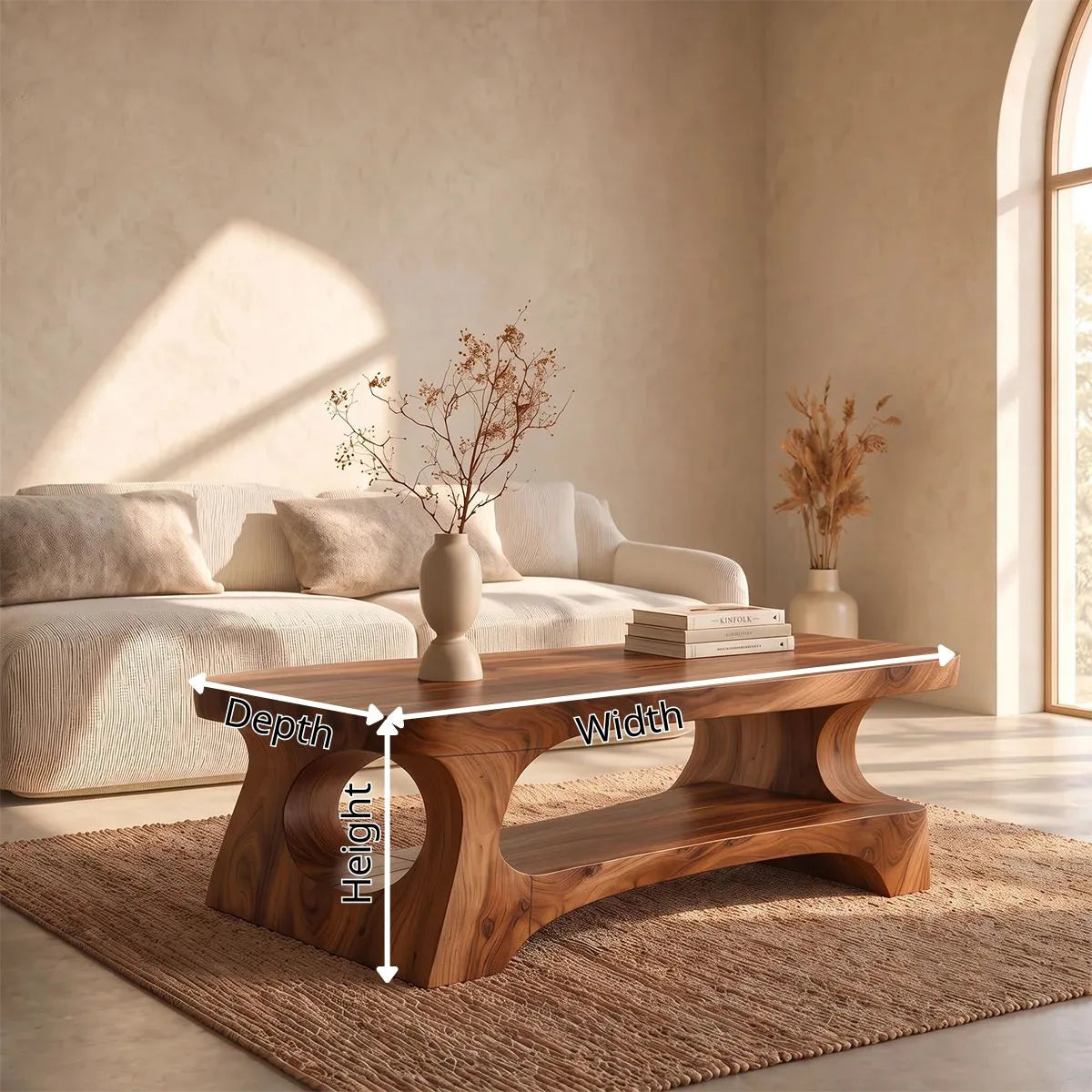 Organic Rectangular Coffee Table with Open Shelf and Sculptural Arch Base TH003-6JFK9PR