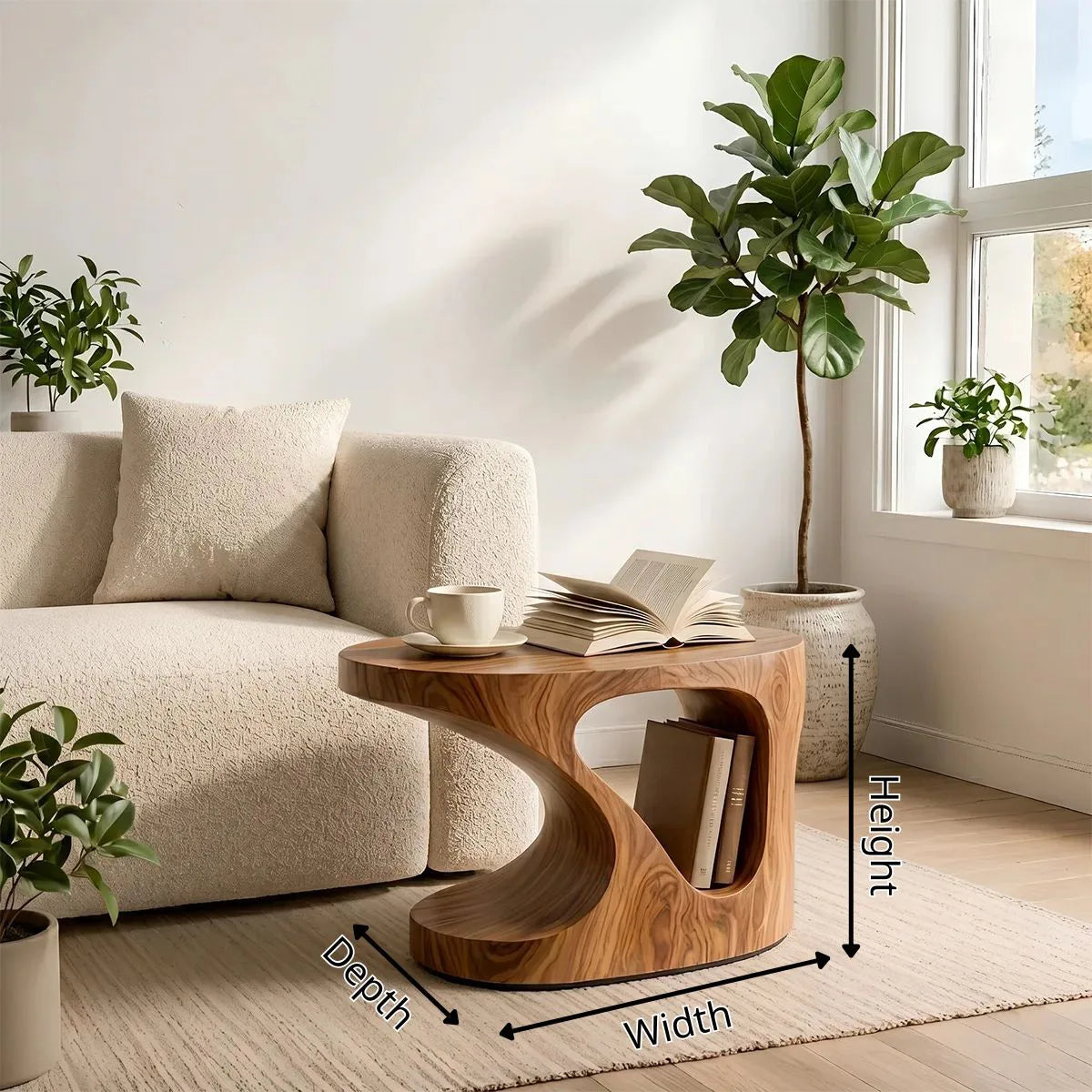 Solid Wood Side Table with Book Storage | Sculptural Design End Table TH003-9003