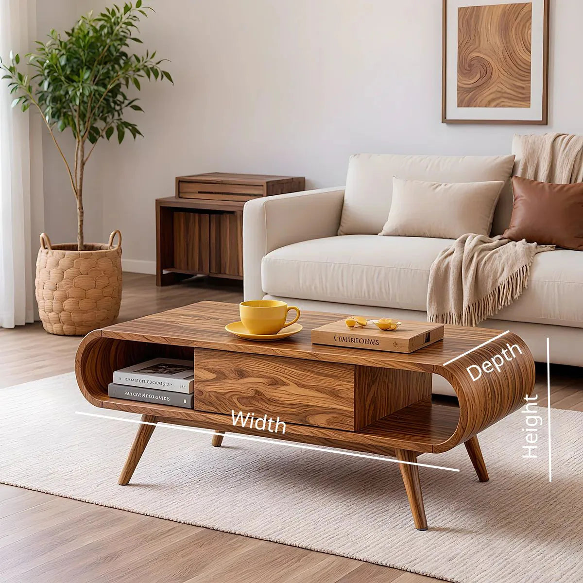 Mid Century Modern Solid Wood Curved Coffee Table with Storage