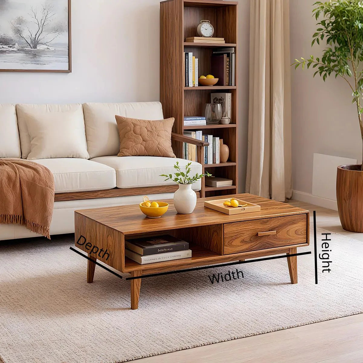 Mid Century Modern Solid Wood Rectangular Coffee Table with Storage