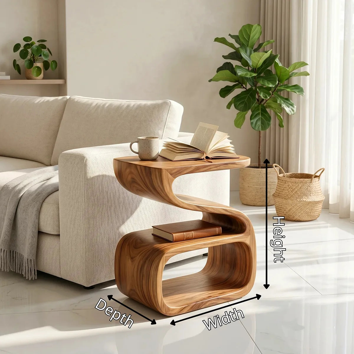 Solid Wood Side Table with Double Shelf | Sculptural Design TH003-3969