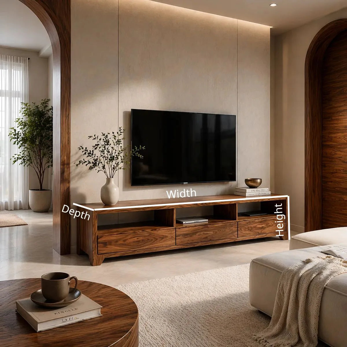 Minimalist Media Console with Open Shelves and 3 Drawers