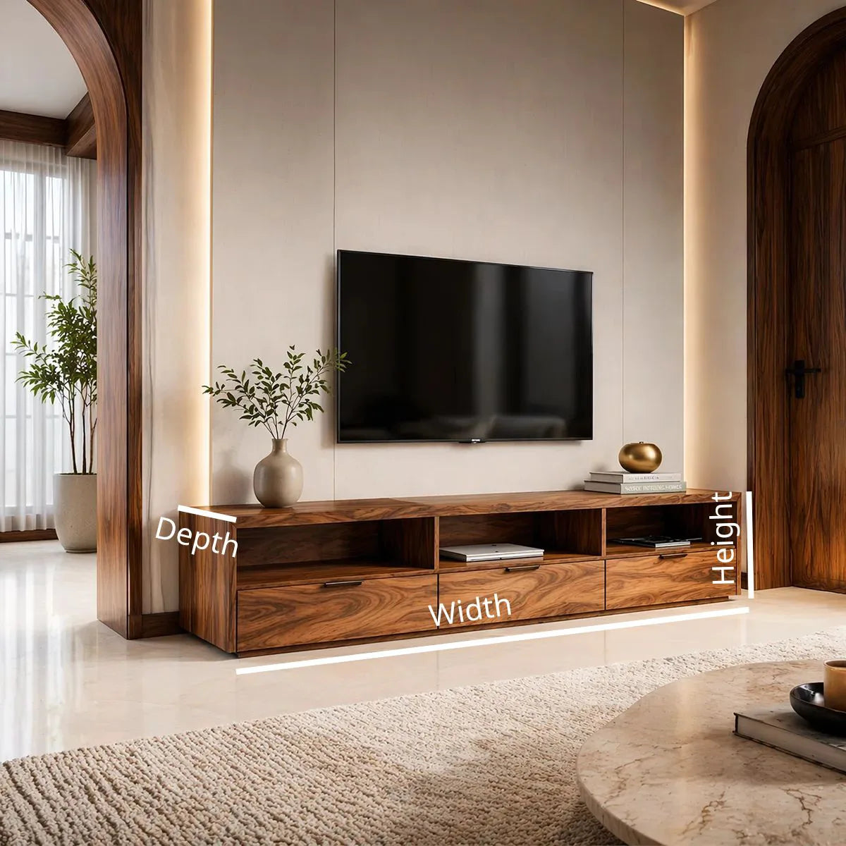 Modern Media Console with Open Shelves and 3 Drawers