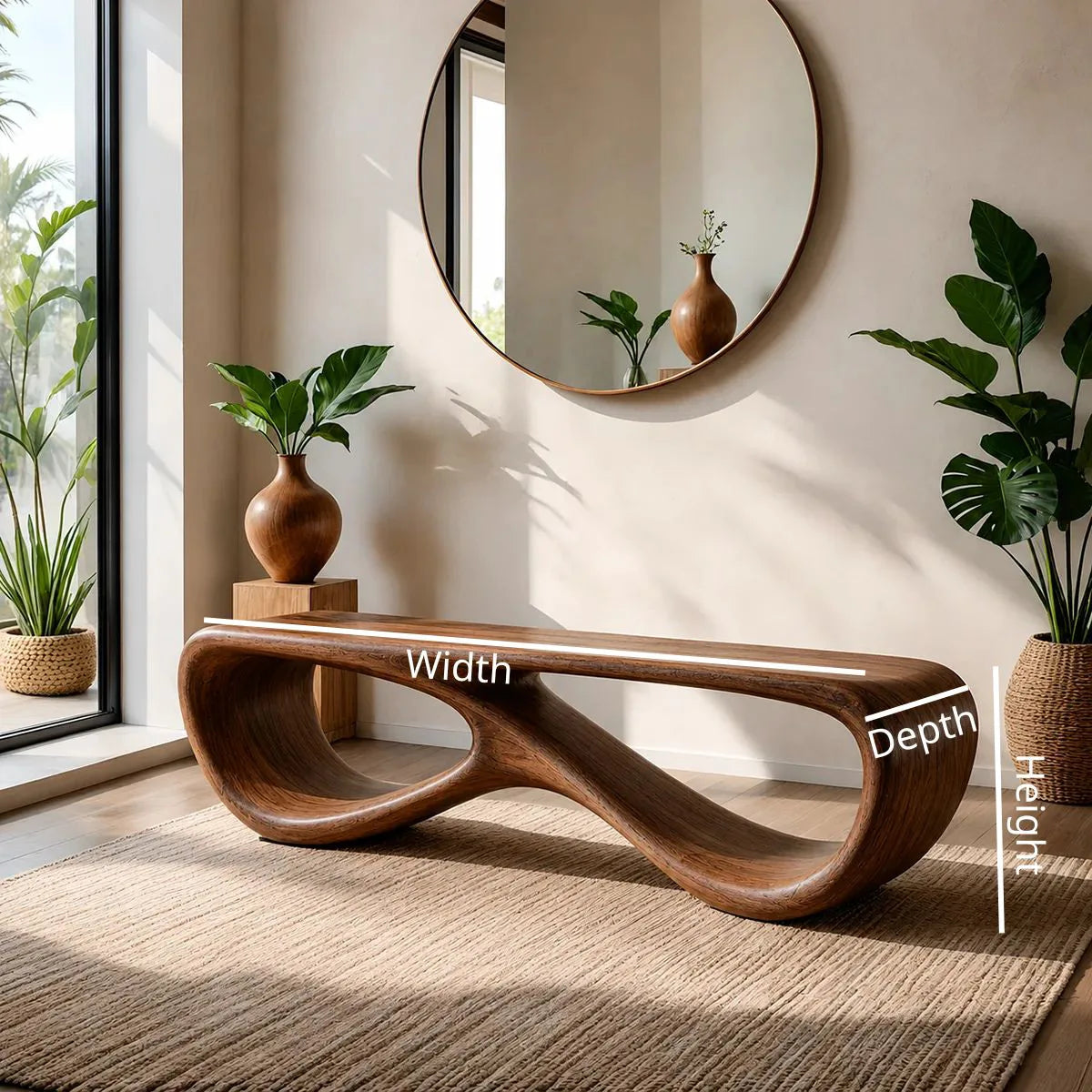 Organic Sculptural Solid Wood Bench for Modern Living Room and Entryway