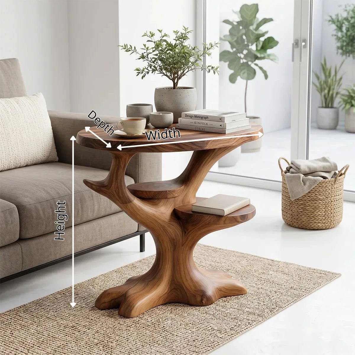 Sculptural Solid Wood Side Table with Shelves, Tree-Inspired End Table, Handcrafted Organic Wood Accent Table TH003-1094