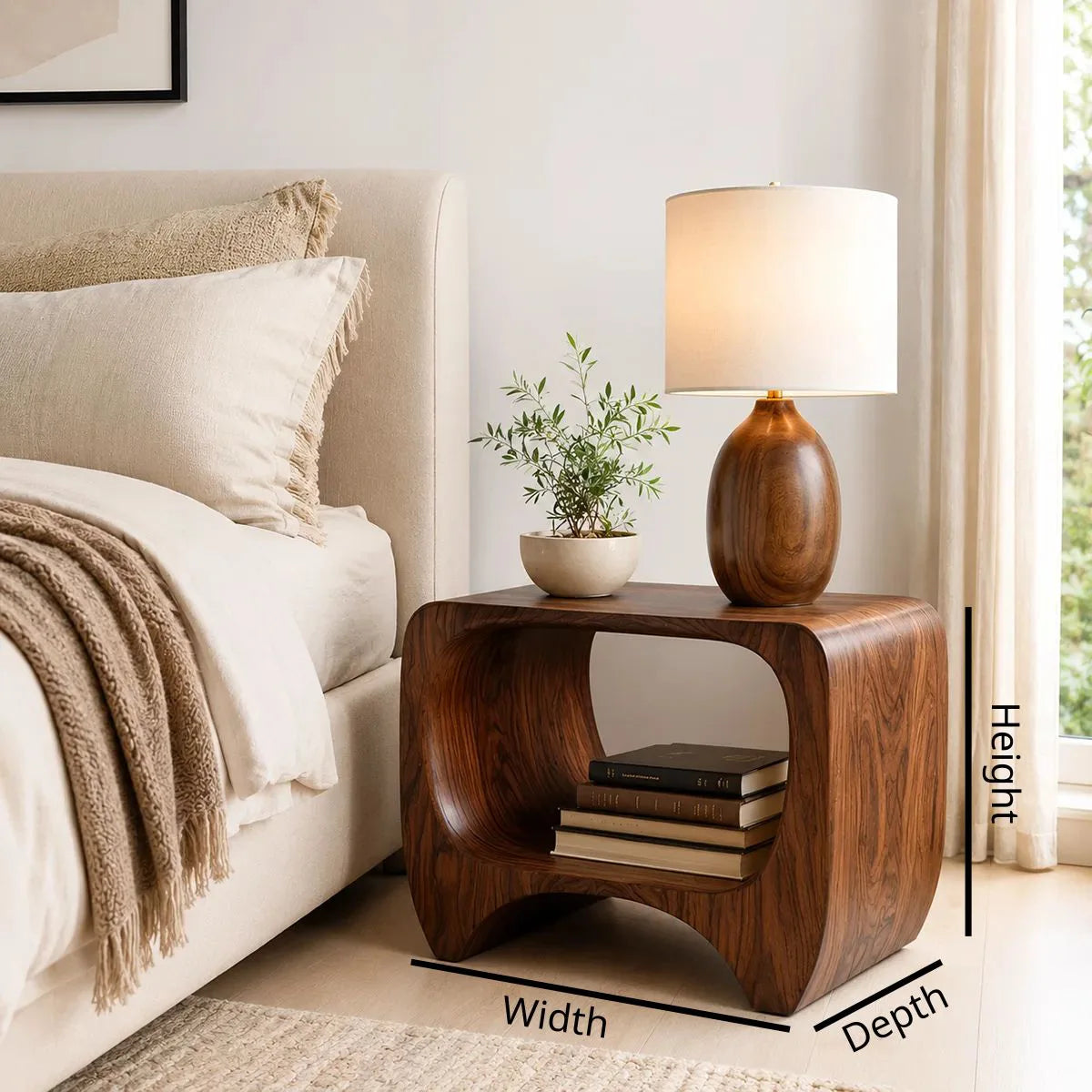 Organic Solid Wood Nightstand with Open Storage Shelf