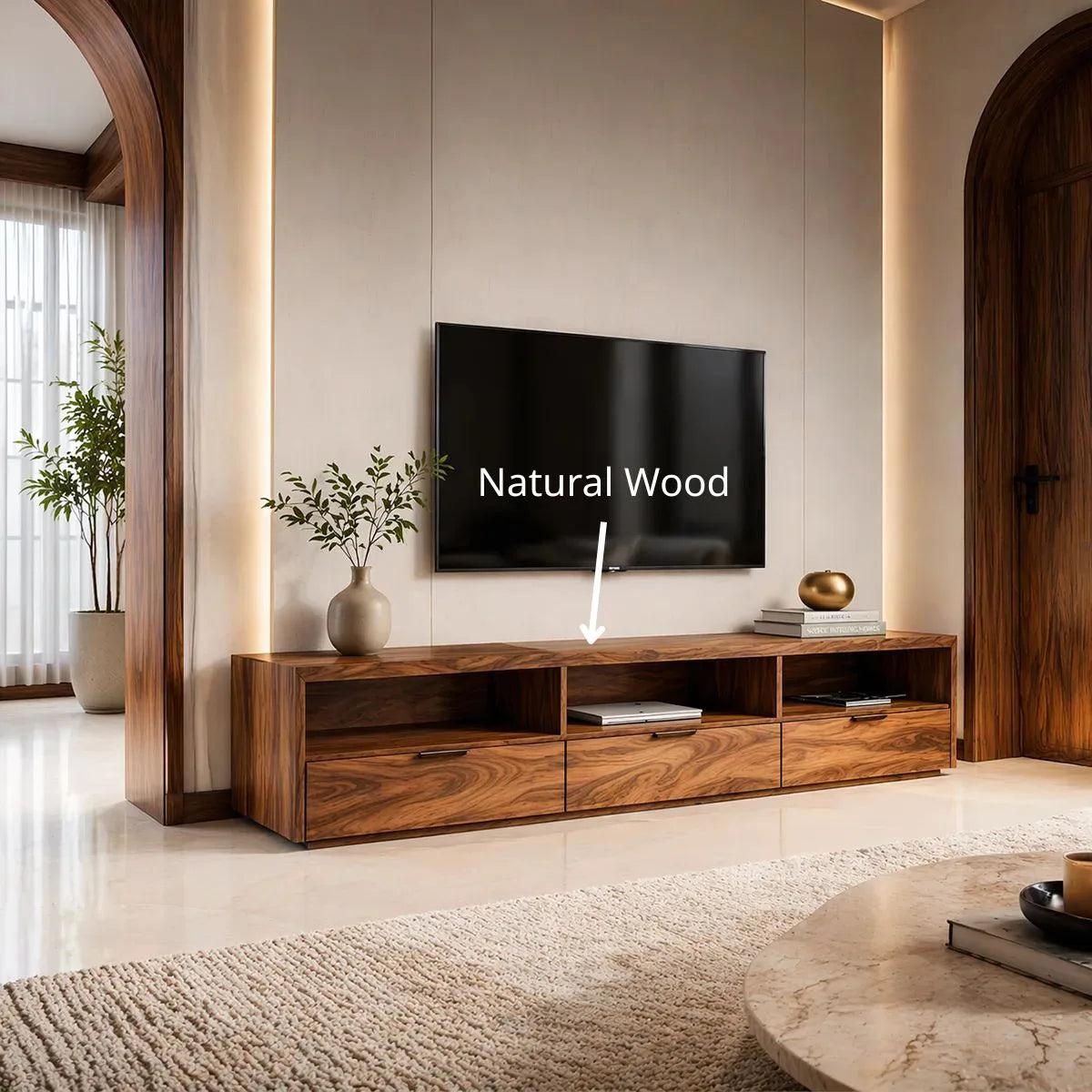 Modern Media Console with Open Shelves and 3 Drawers