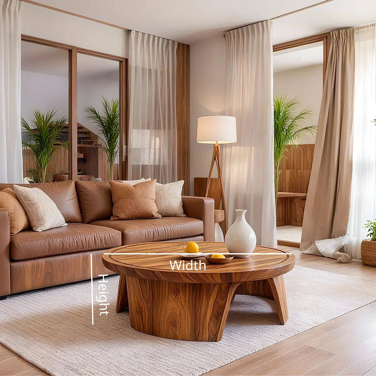 Solid Wood Round Tray Top Coffee Table Handcrafted Sculptural Living Room Table