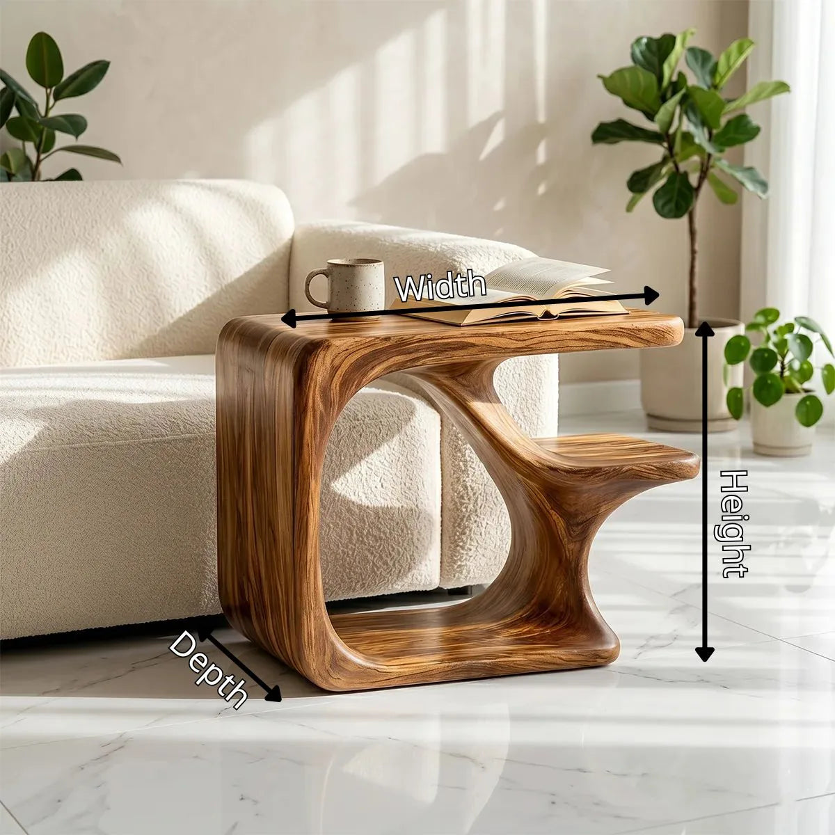 Solid Wood C-Shaped Side Table with Shelf | Sculptural Design TH003-8802