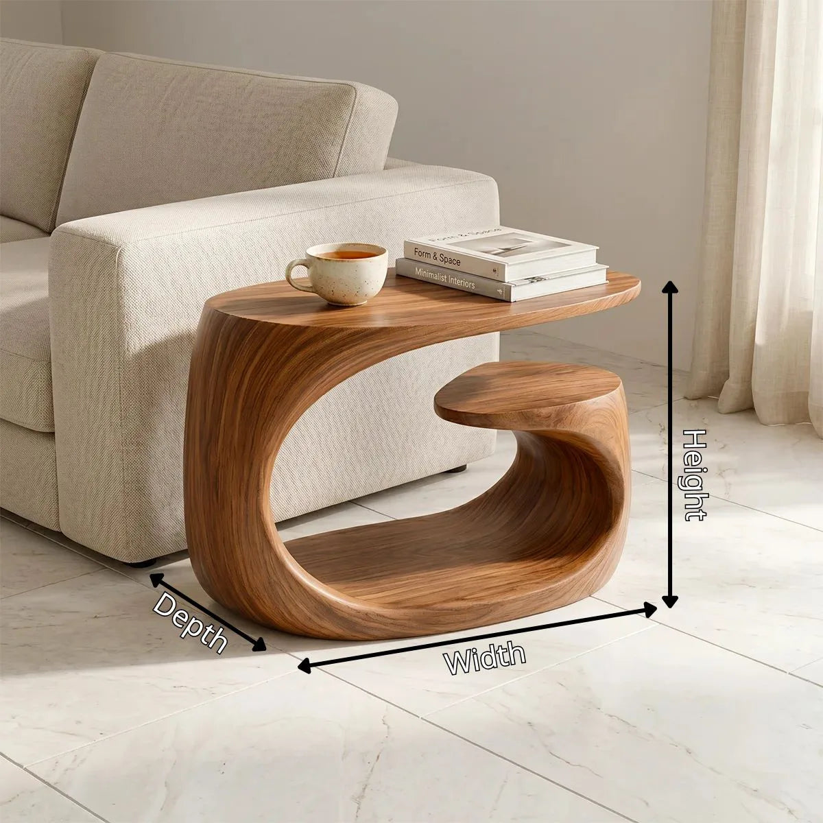 Handcrafted Solid Wood End Table with Open Shelf – Sculptural Japandi Side Table for Living Room TH003-8927