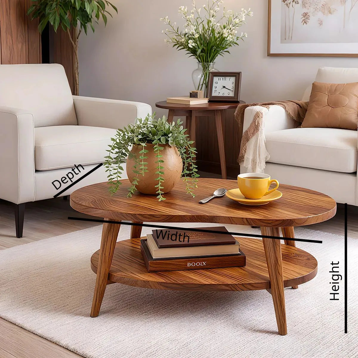 Mid Century Modern Solid Wood Two Tier Oval Coffee Table