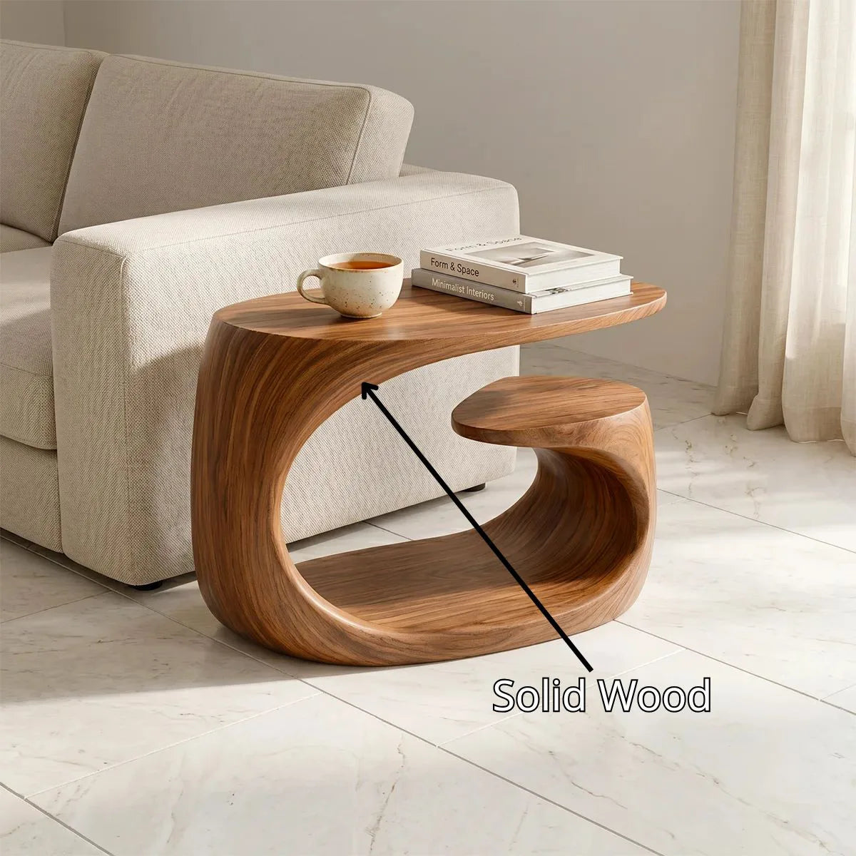 Handcrafted Solid Wood End Table with Open Shelf – Sculptural Japandi Side Table for Living Room TH003-8927