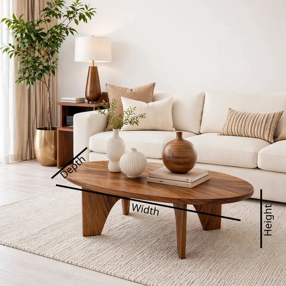 Modern Solid Wood Oval Coffee Table with Angled Slab Legs