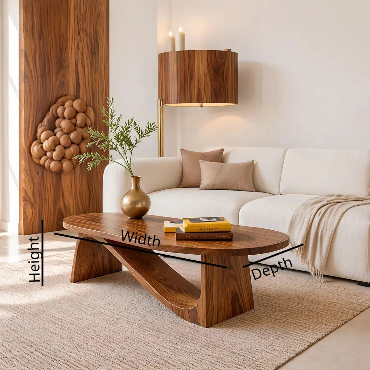 Modern Solid Wood Oval Coffee Table with Sculptural Sweeping Base