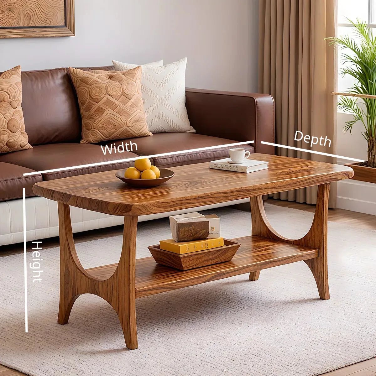 Mid Century Modern Solid Wood Rectangular Two Tier Coffee Table