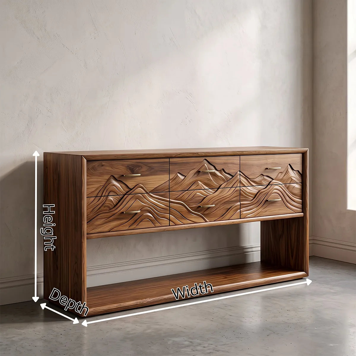 Modern Mountain Carved 6 Drawer Console Table with Open Shelf – Artistic Entryway Storage Cabinet TH003-2149