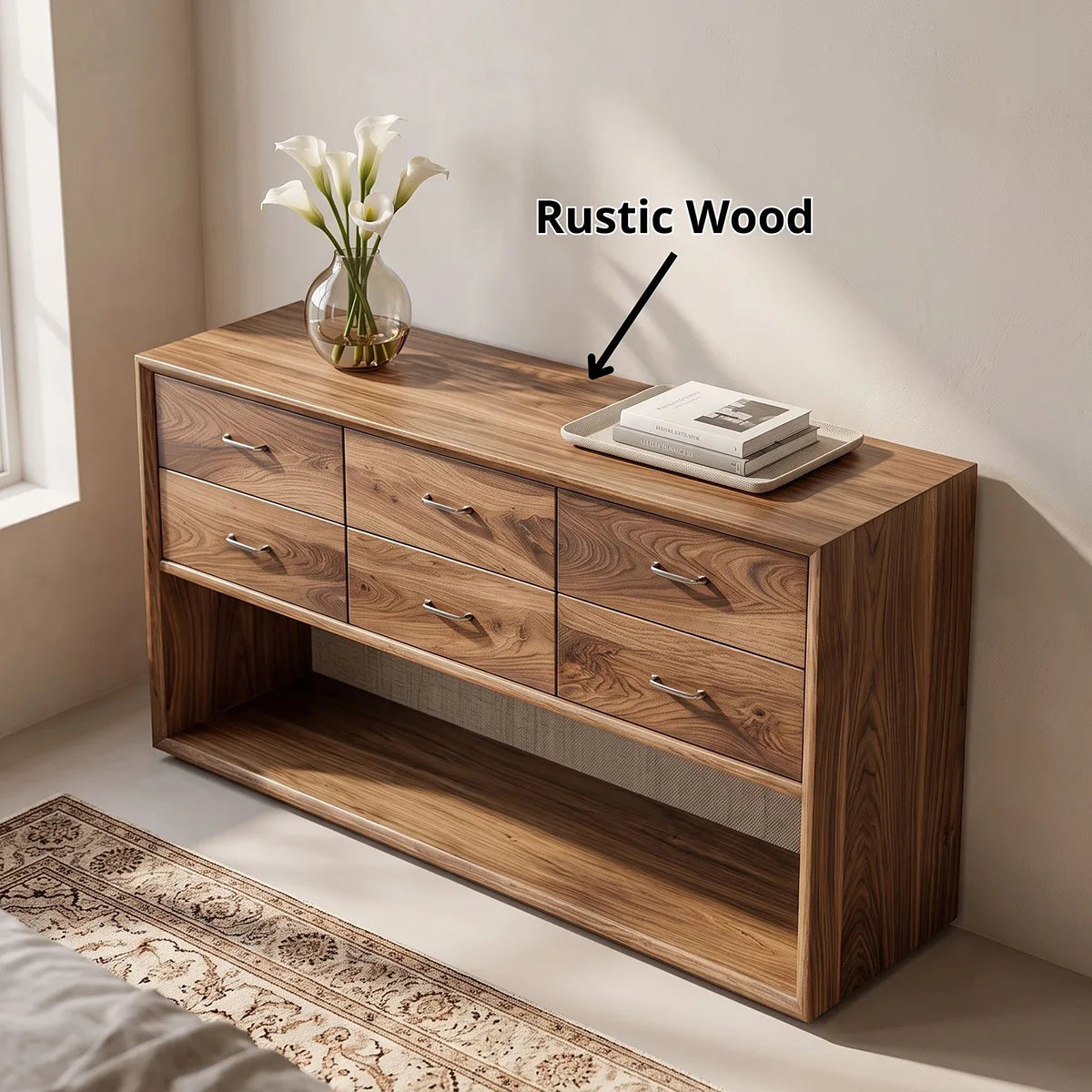 Modern 6 Drawer Console Table with Open Shelf – Minimalist Entryway Storage Cabinet TH003-9381